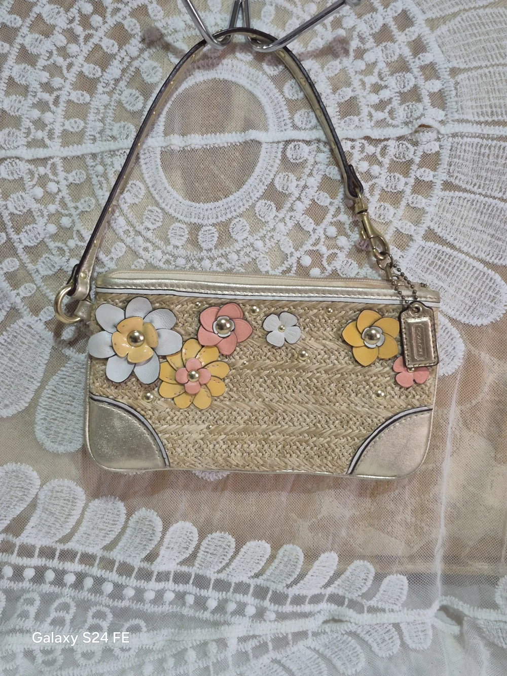 Coach Straw Wristlet with Pink, Yellow & White Flower Appliqués - Picture 2 of 5